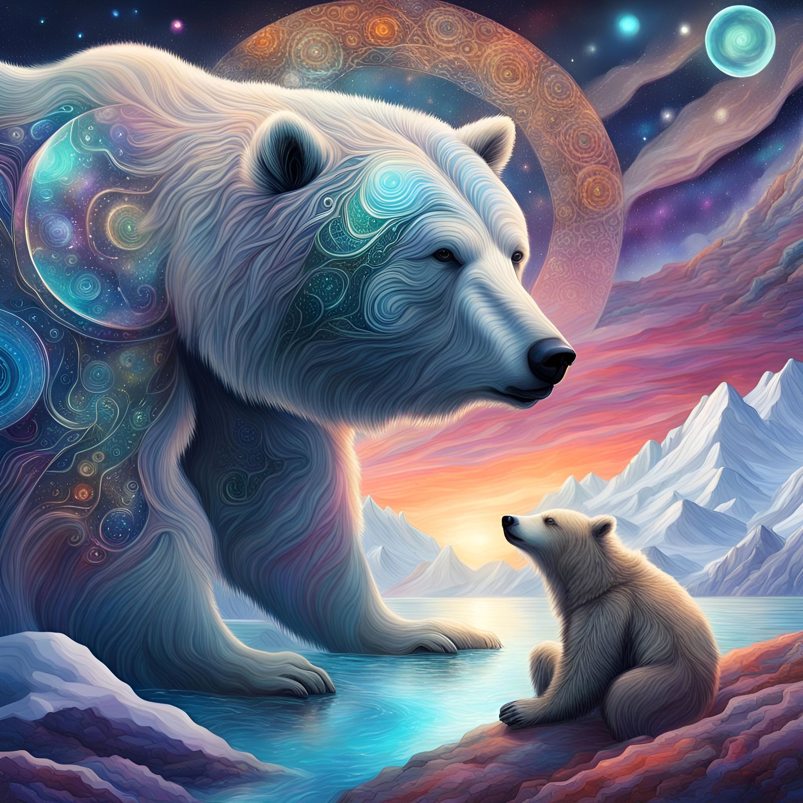 Fantasy Inuit and Bear in Cosmic Landscape