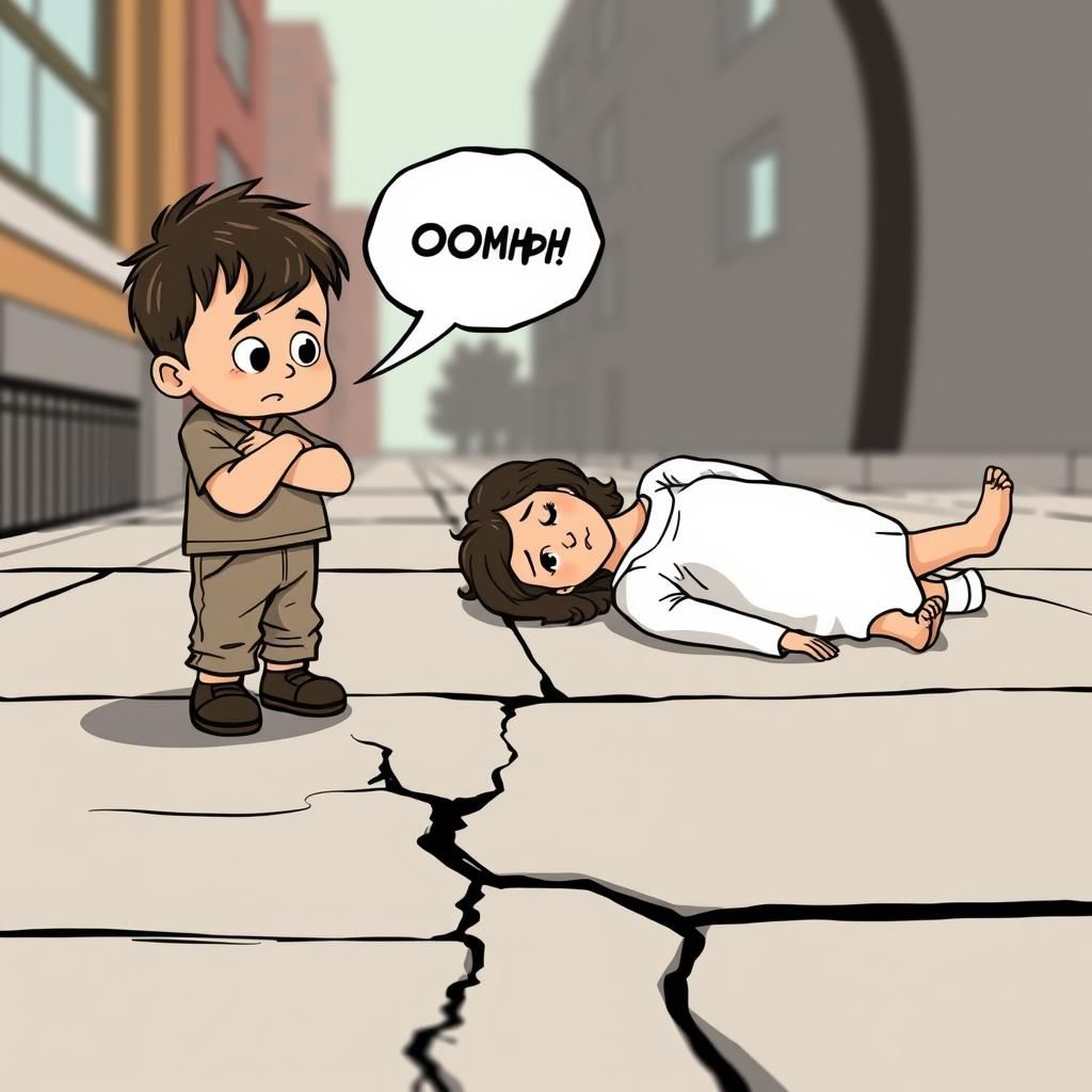 Cartoon Boy's Sidewalk Mishap: A Humorous Scene