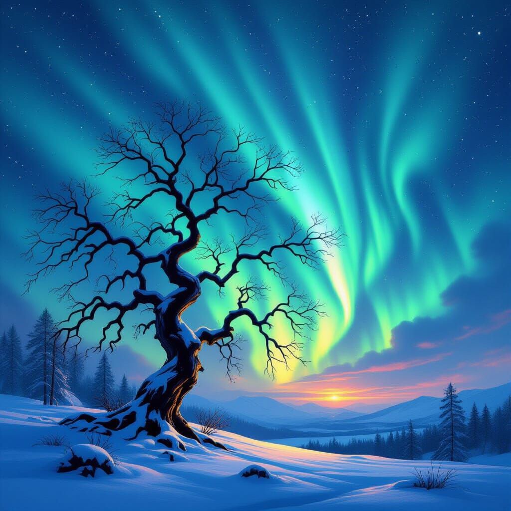Ancient Tree Under Swirling Aurora Borealis