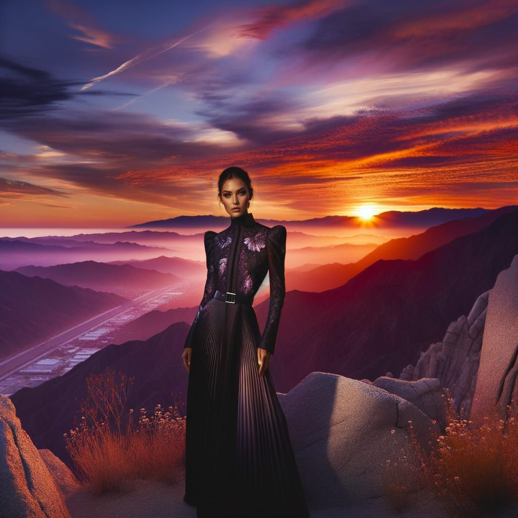 Striking Hispanic Fashion Model Against Vibrant Sunset