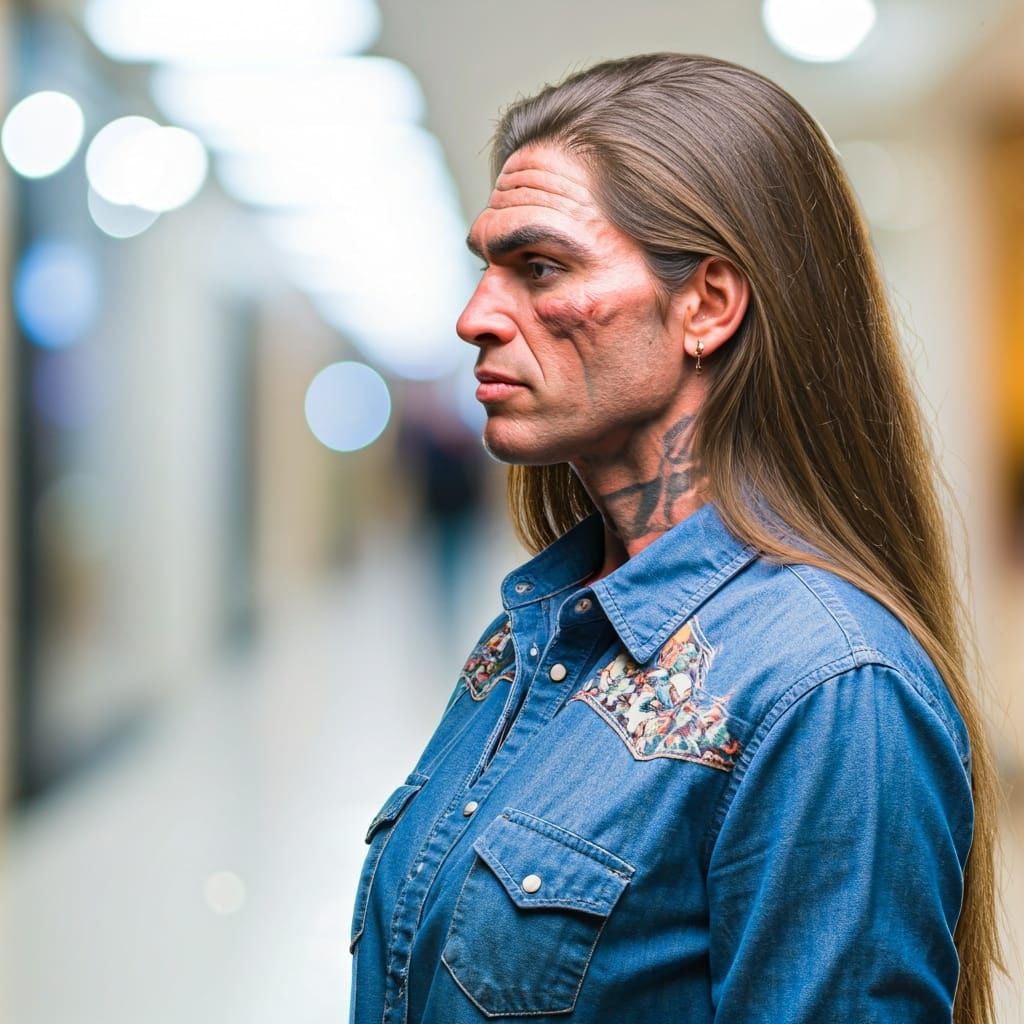 Neanderthal Woman in Western Shirt, Side Profile