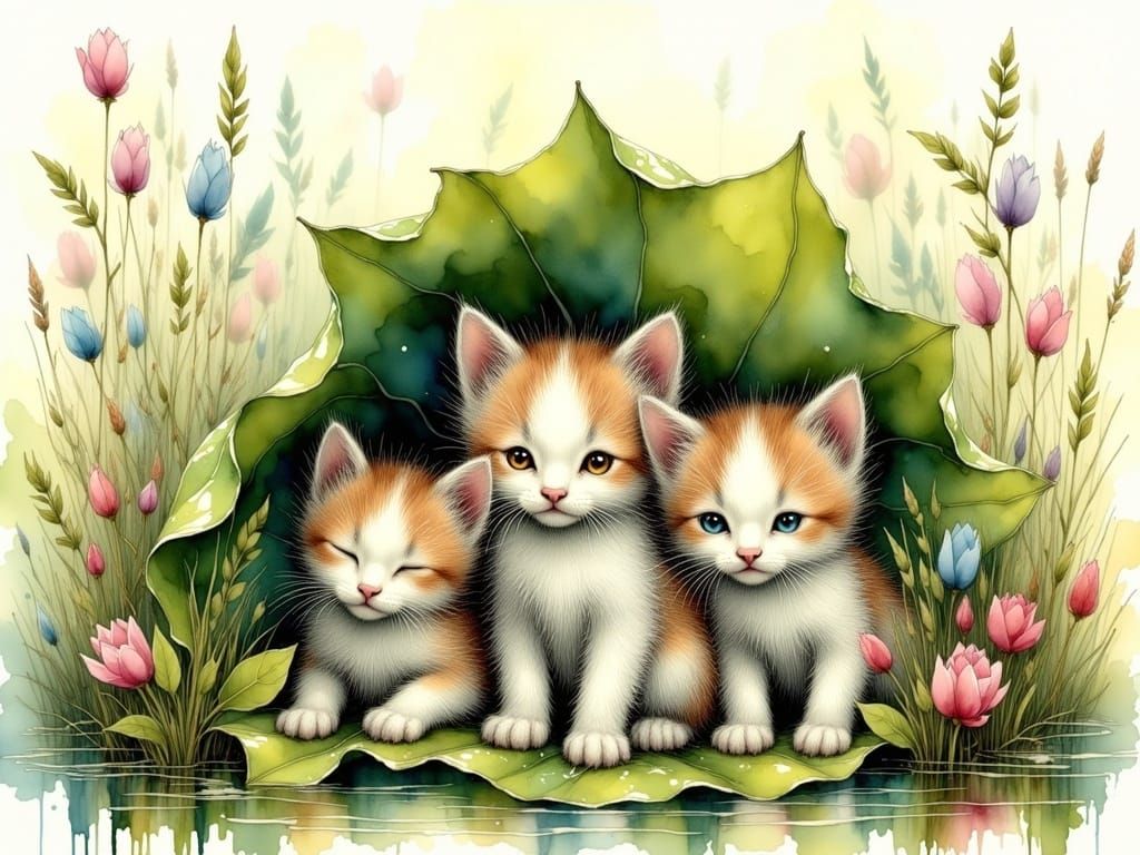 Whimsical Kitten Scene in Dreamy Watercolor Style
