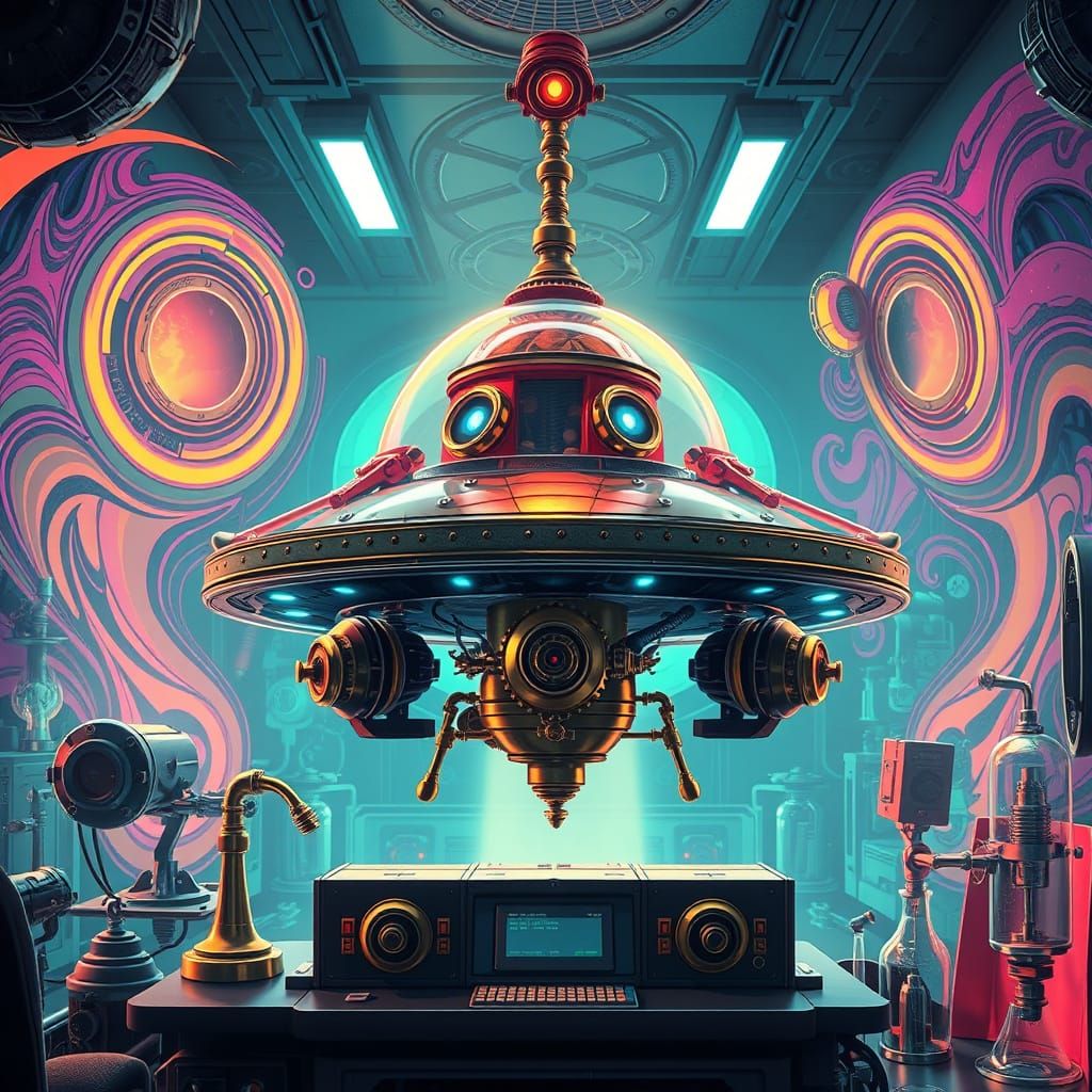 Steampunk UFO Study in 1930s Laboratory