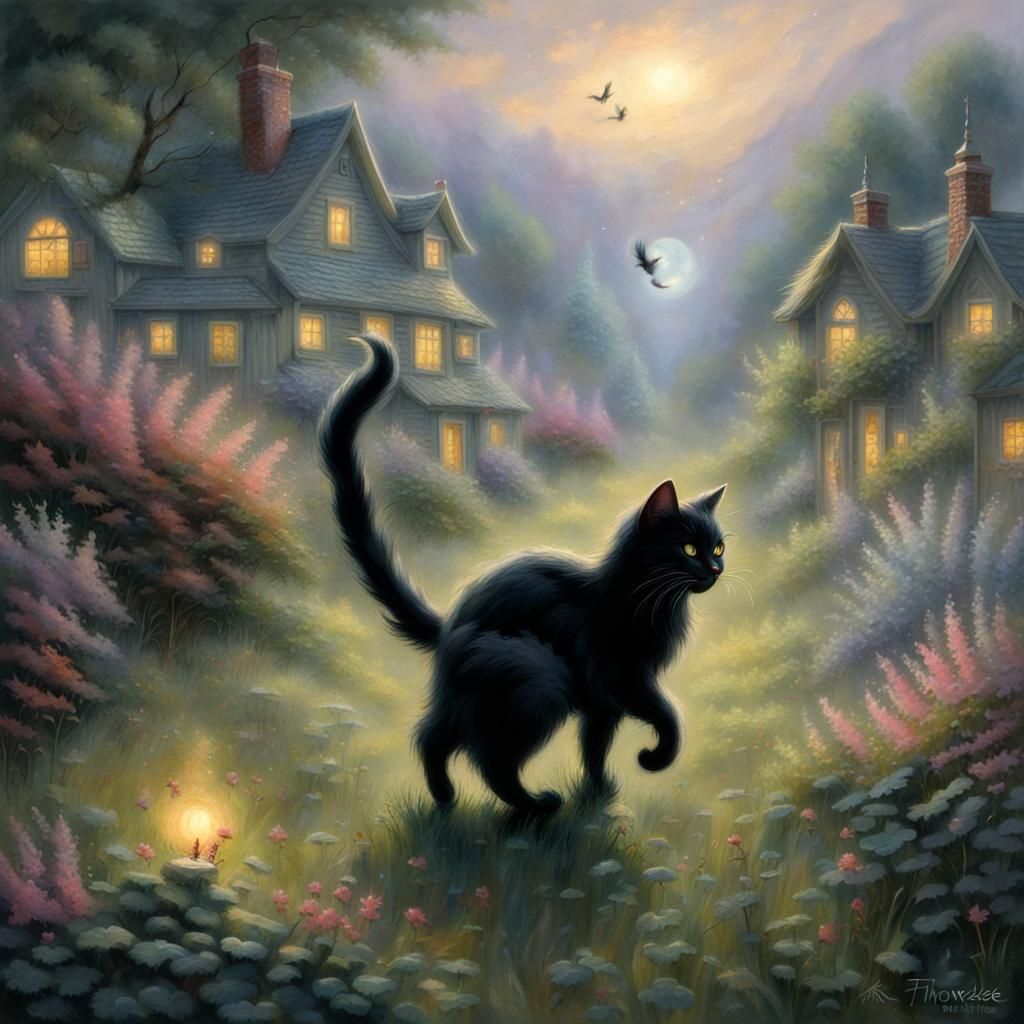 Black Cat Chasing Fireflies in Ethereal Landscape