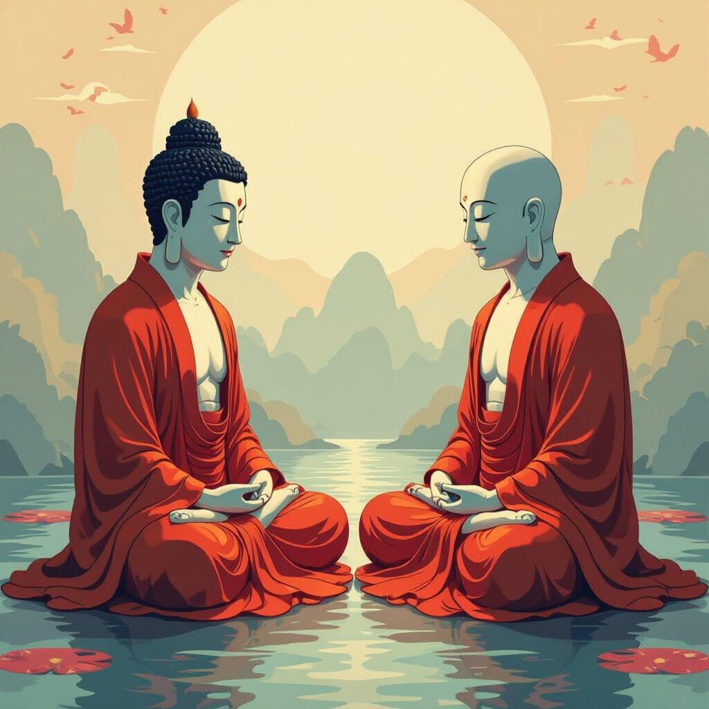 Two Serene Buddhas Meditating, Vibrant Artistic Style