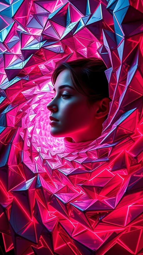 Woman in Recursive Geometric Neon Landscape
