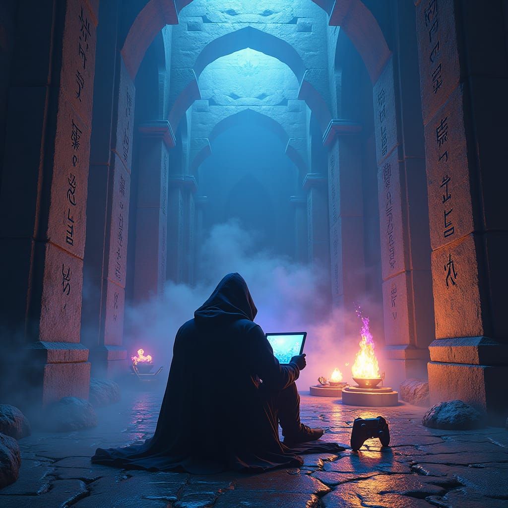 Mystical Gamer in Ancient Ruins, Hyper-Realistic Style