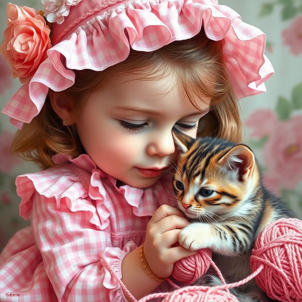 Girl and Kitten Play, Hyperrealistic Digital Art