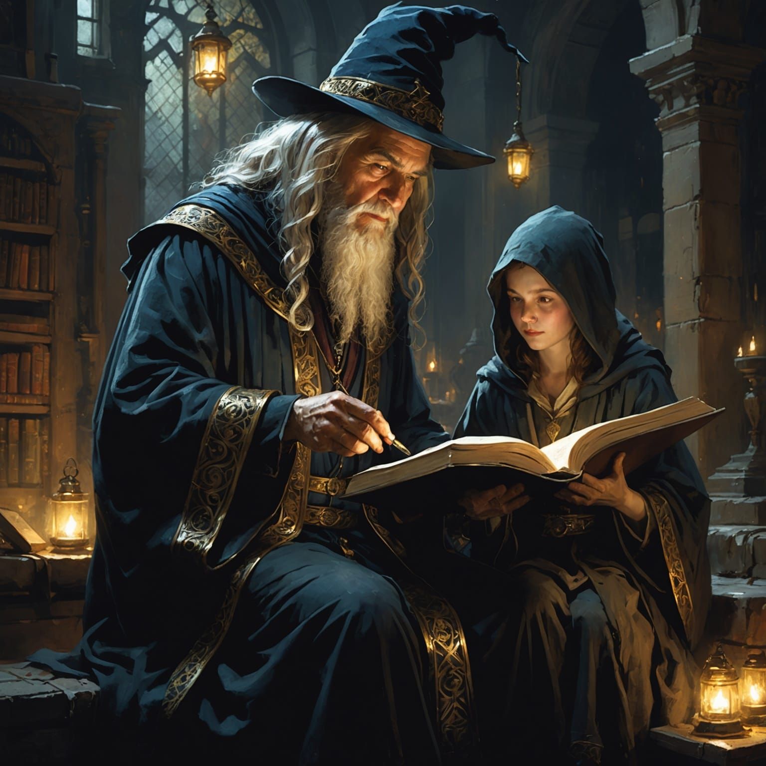 Ancient Wizard Teaches Apprentice with Spell Book