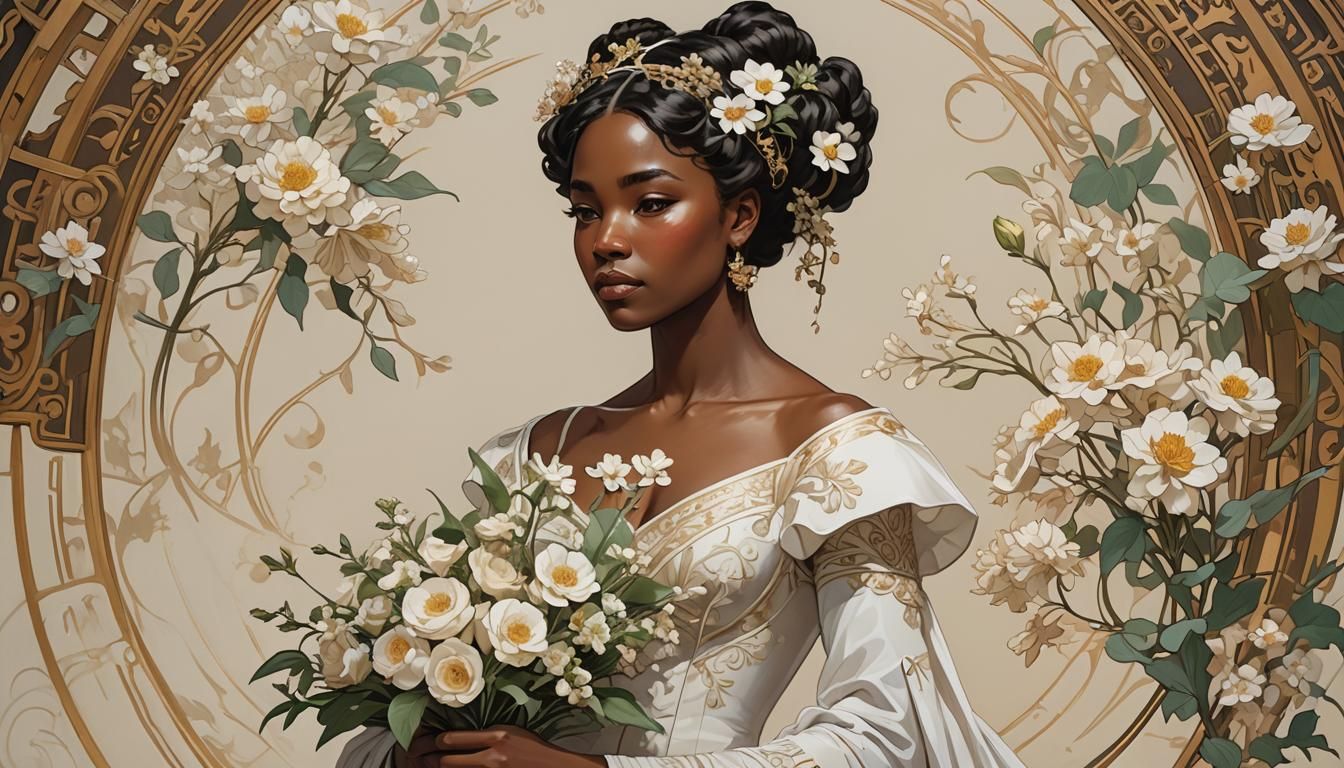 Melanin Bride in Bridgerton Dress, Art Nouveau Style