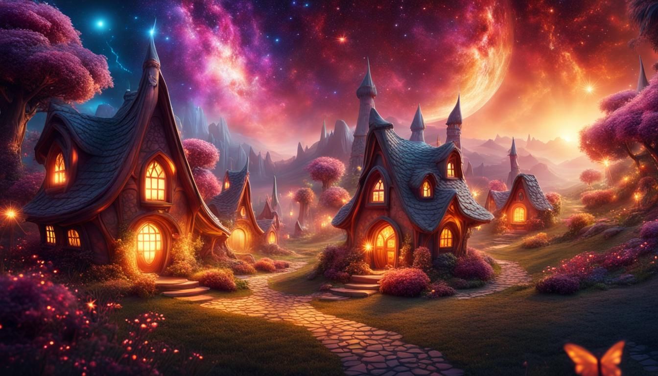 Ethereal Fairy Village with Warm Colors