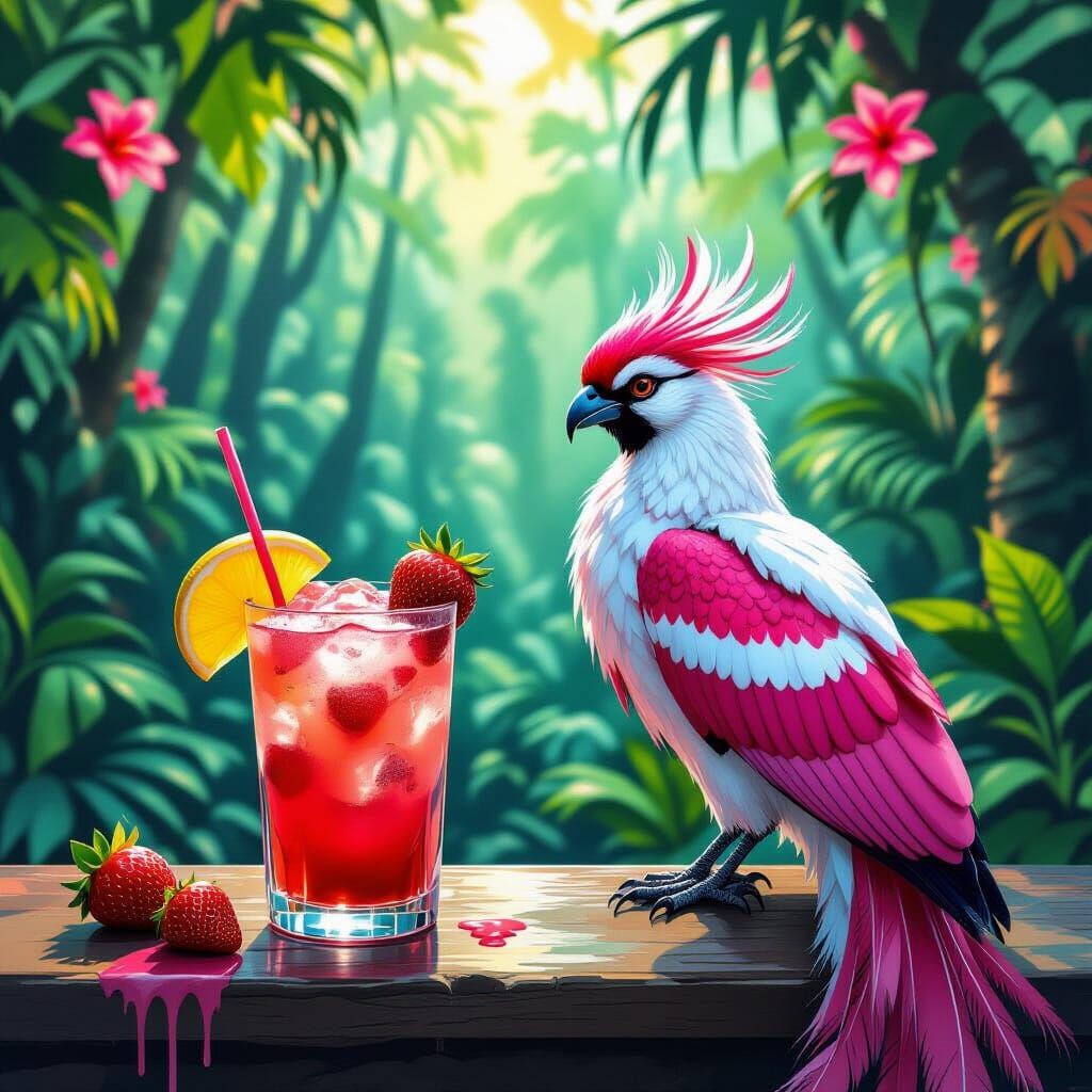 Strawberry Daiquiri Beside Tropical Forest with Mythical Bir...