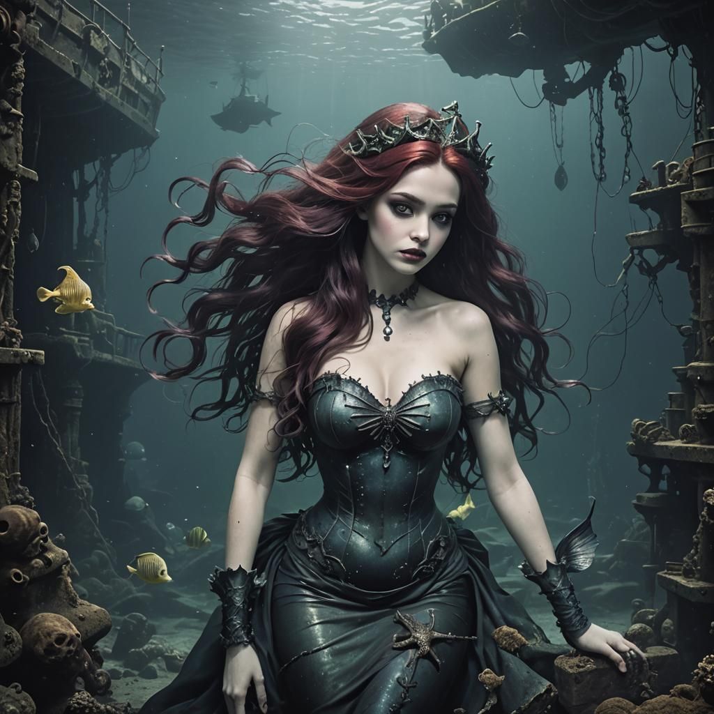 Gothic Mermaid Exploring Underwater Shipwrecks
