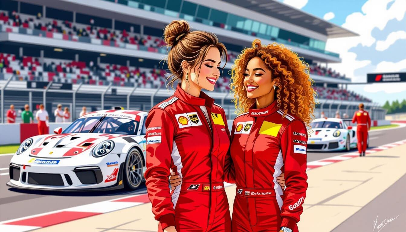 Two Women Friends in Porsche Racing Suits at Le Mans