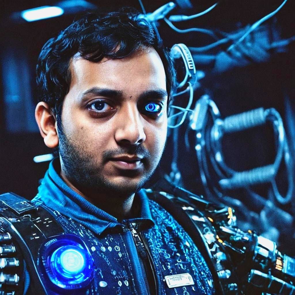 Cyborg with Sci-Fi Gadgets and Blue Machine Eyes