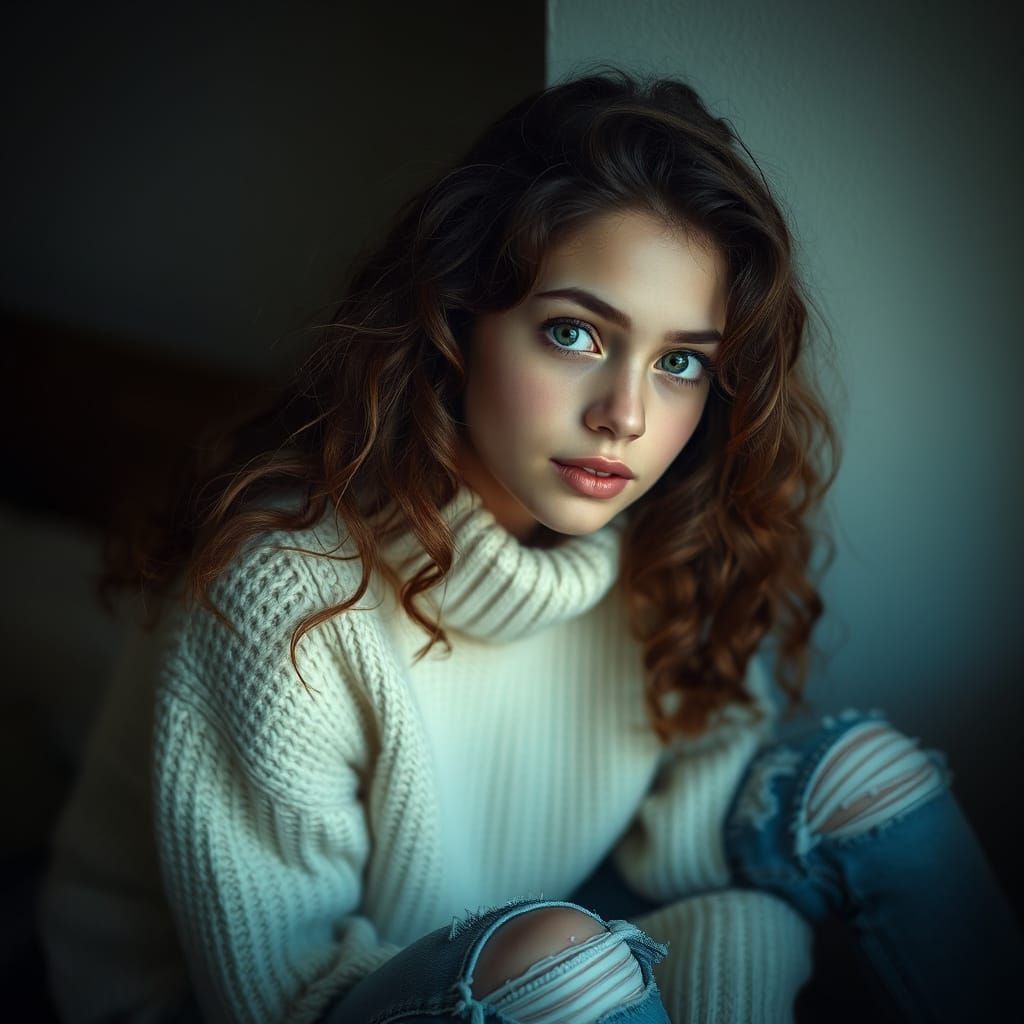 Dreamy Portrait of a Young Woman in Cozy Sweater and Jeans