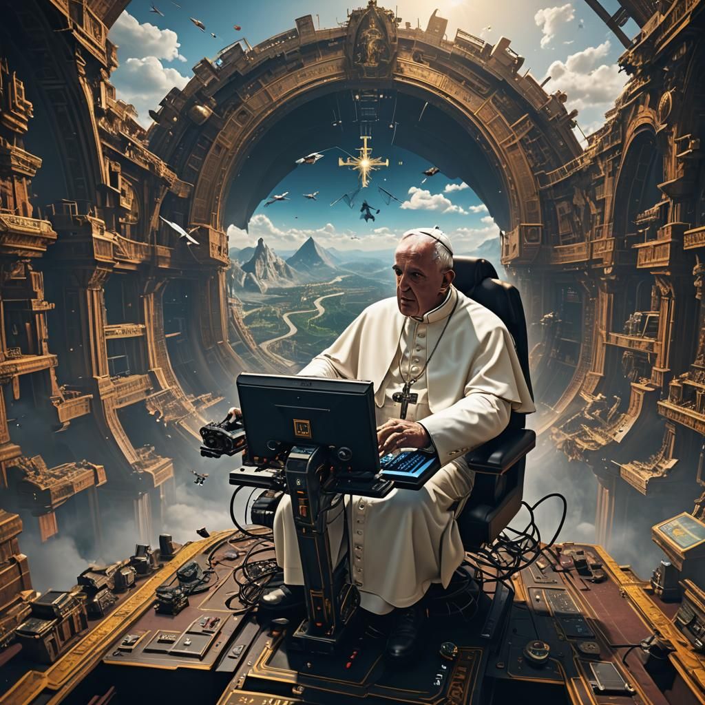 Pope Enjoys Flight Simulator: Detailed Digital Art