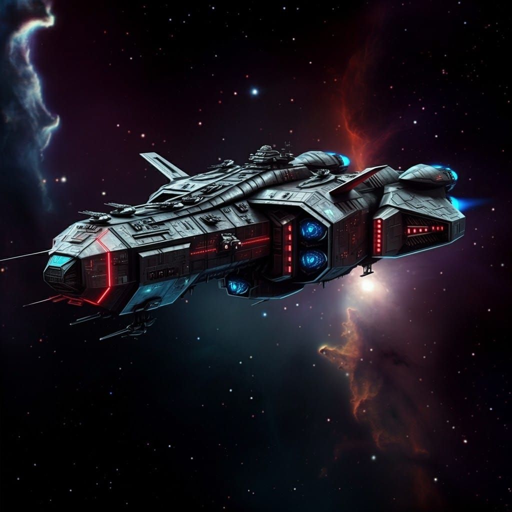 Futuristic Space Warship on Patrol in Deep Space