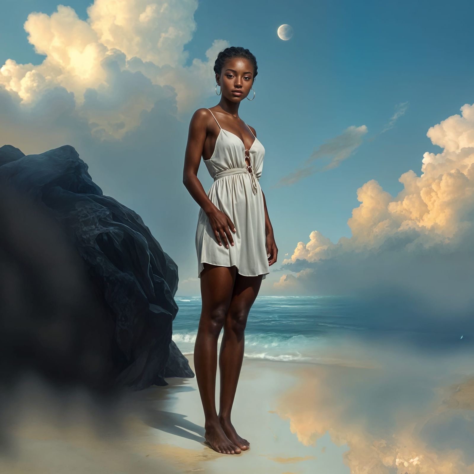 Stunning Ebony Woman on Beach as Oil Painting
