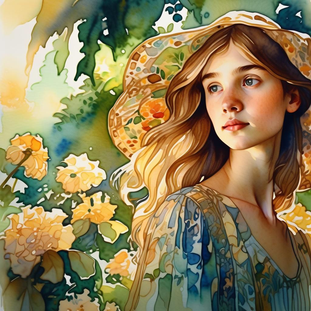 Watercolor Portrait of a Girl in Lush Garden