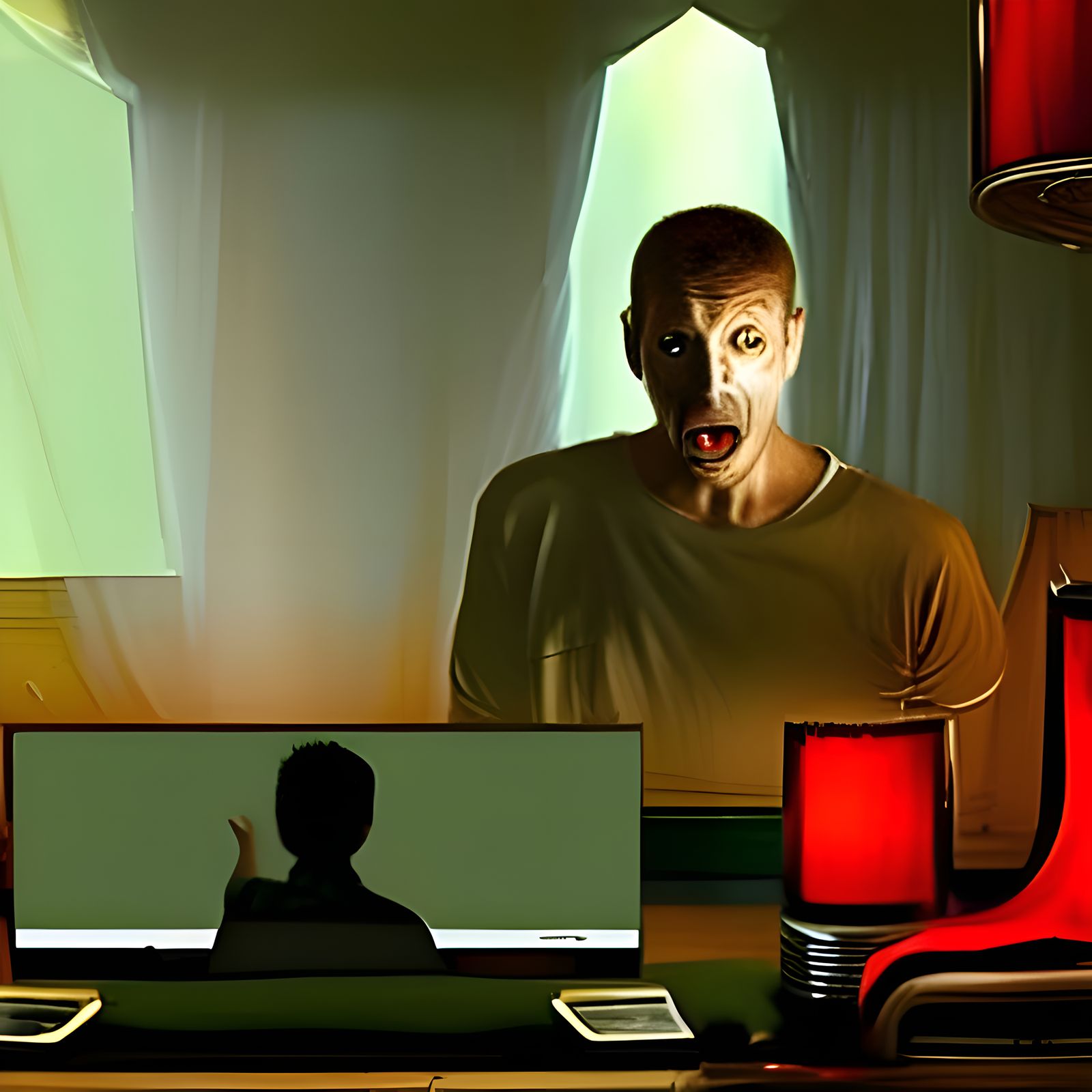 Scared Man Watches TV with Angels