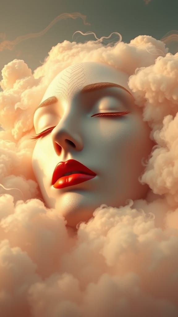 Colossal Face Emerges from Celestial Fog in 3D Art Deco