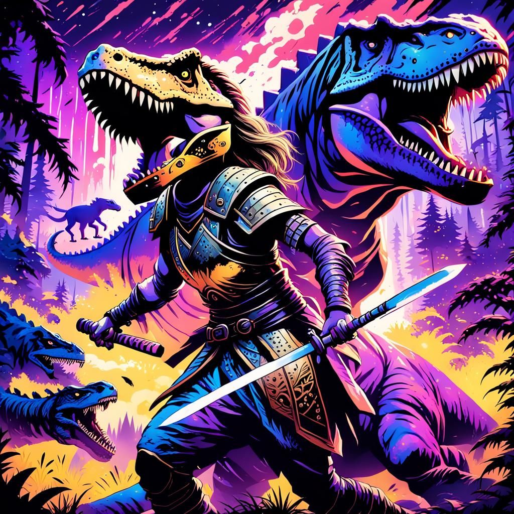 Warrior Battles T-Rex in Manga-Style Forest