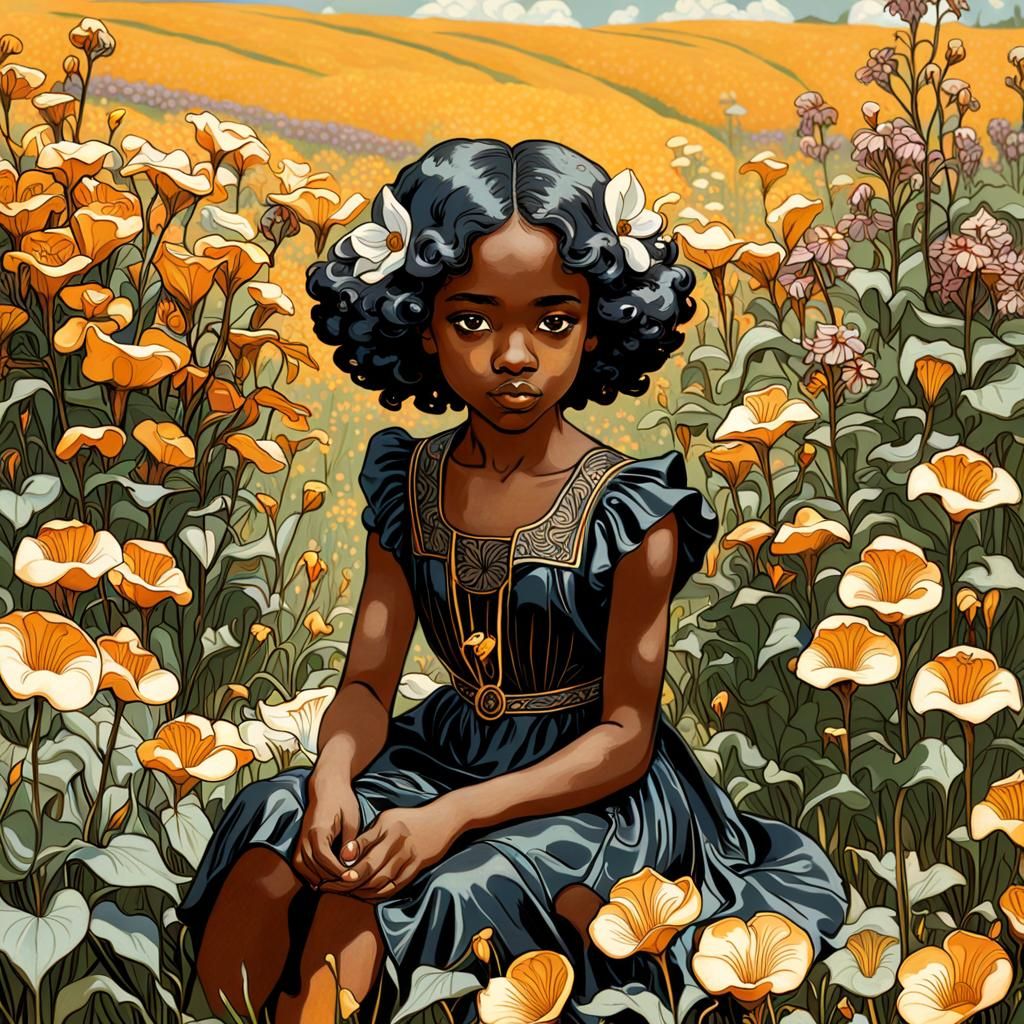 Young Girl in Tibetan Flowers, Art Nouveau Deco