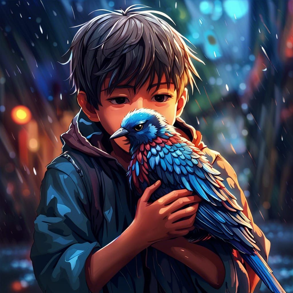 Boy Holding Bird in Anime Style