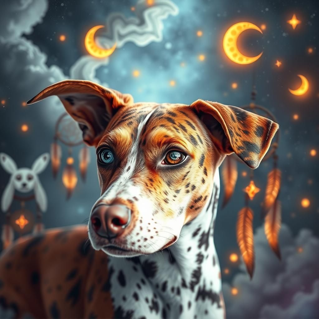 Catahoula Cur with Cracked Glass Eyes in Cosmic Scene