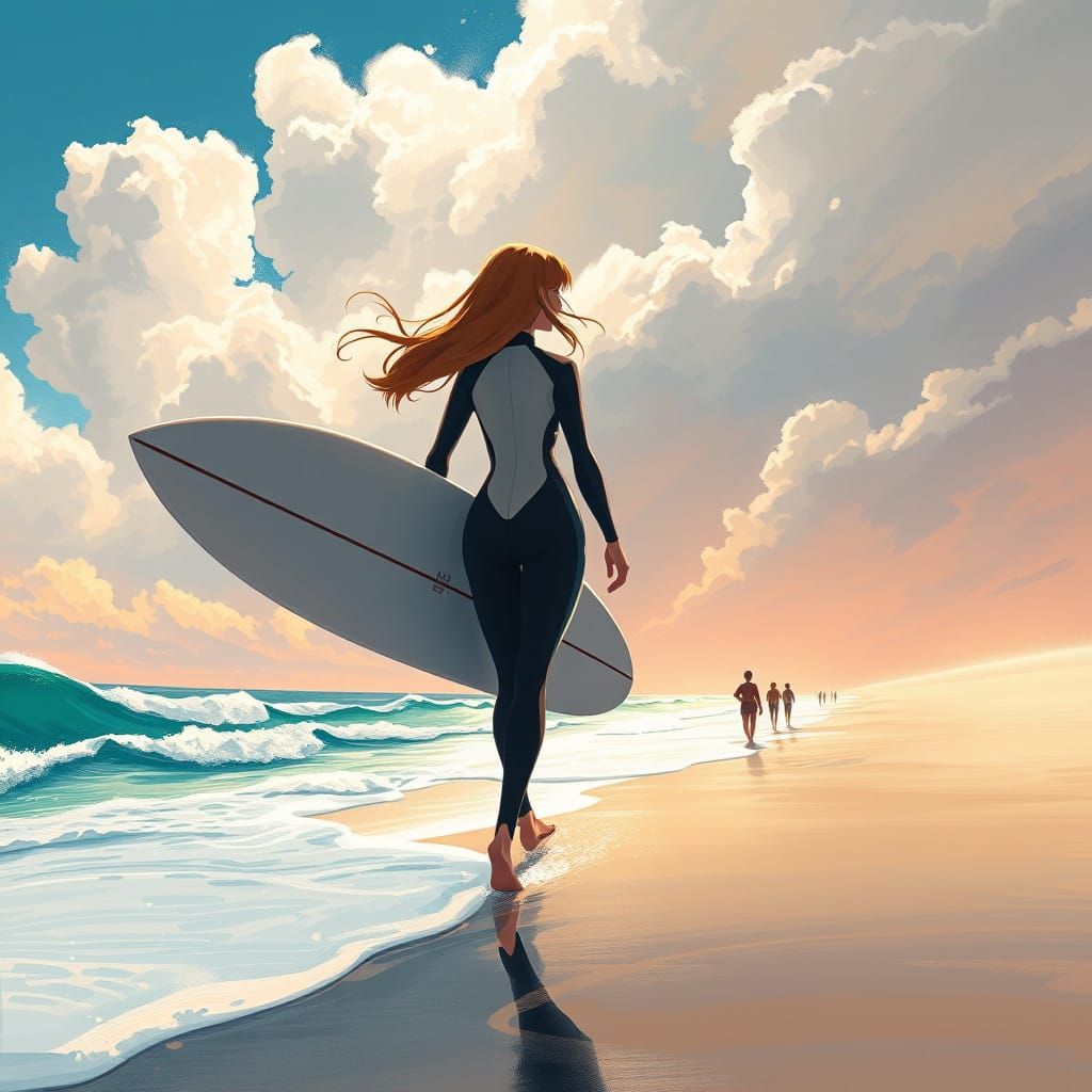 Giantess Surfer Goddess Walking on Beach, Mankind in Awe