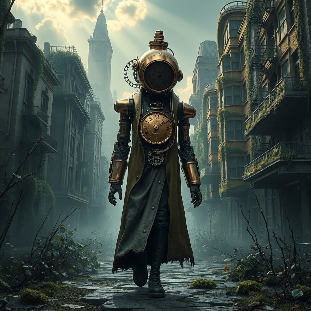 Automaton in Desolate Cityscape, Cinematic Style