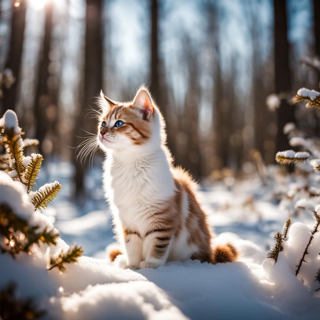 Crystal Kitten in Winter Forest Landscape