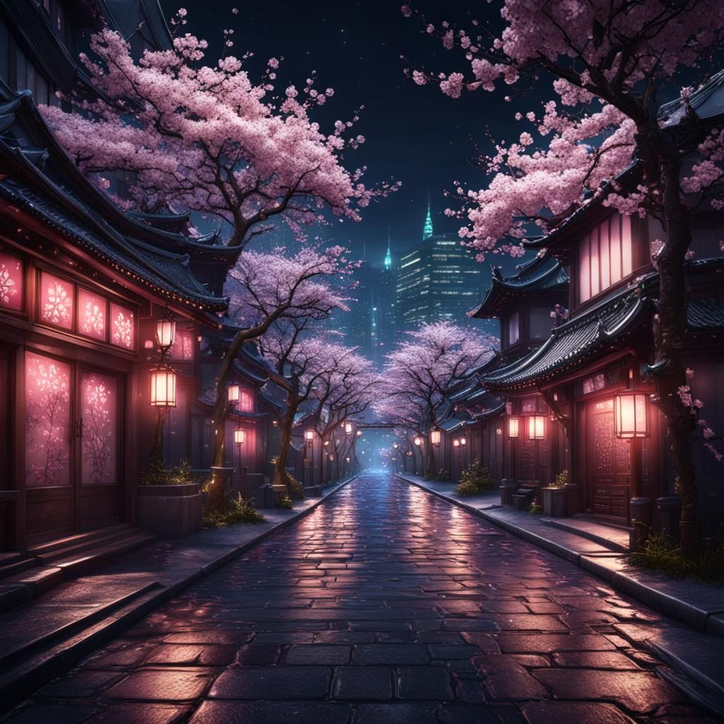 Cherry Blossom Street at Night: Detailed Matte Painting