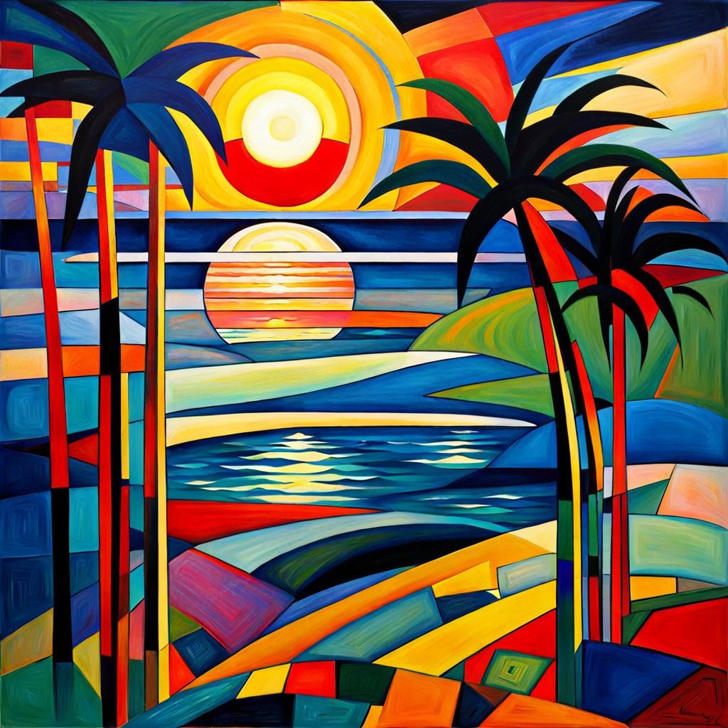 Ocean Sunrise Landscape in Abstract Style