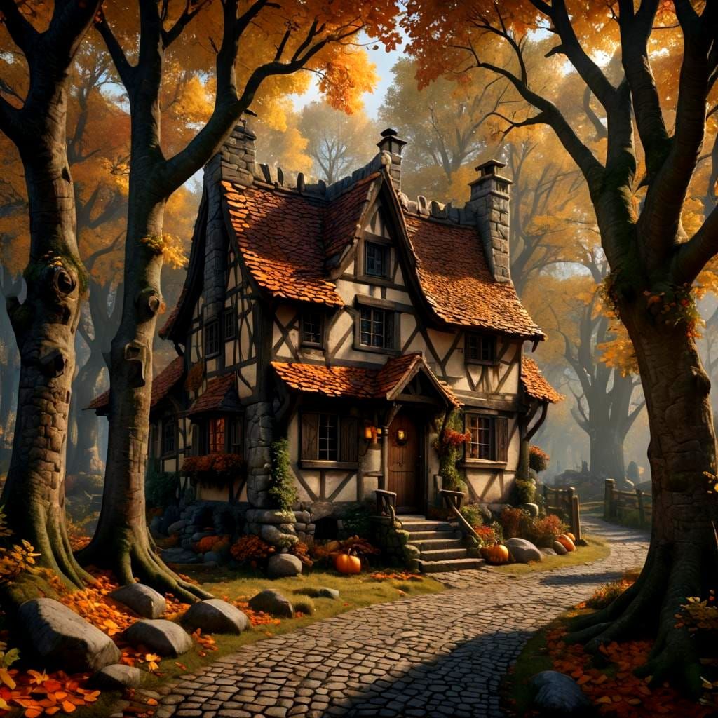 Medieval Cottage in Autumn Woods: Fantasy Concept Art