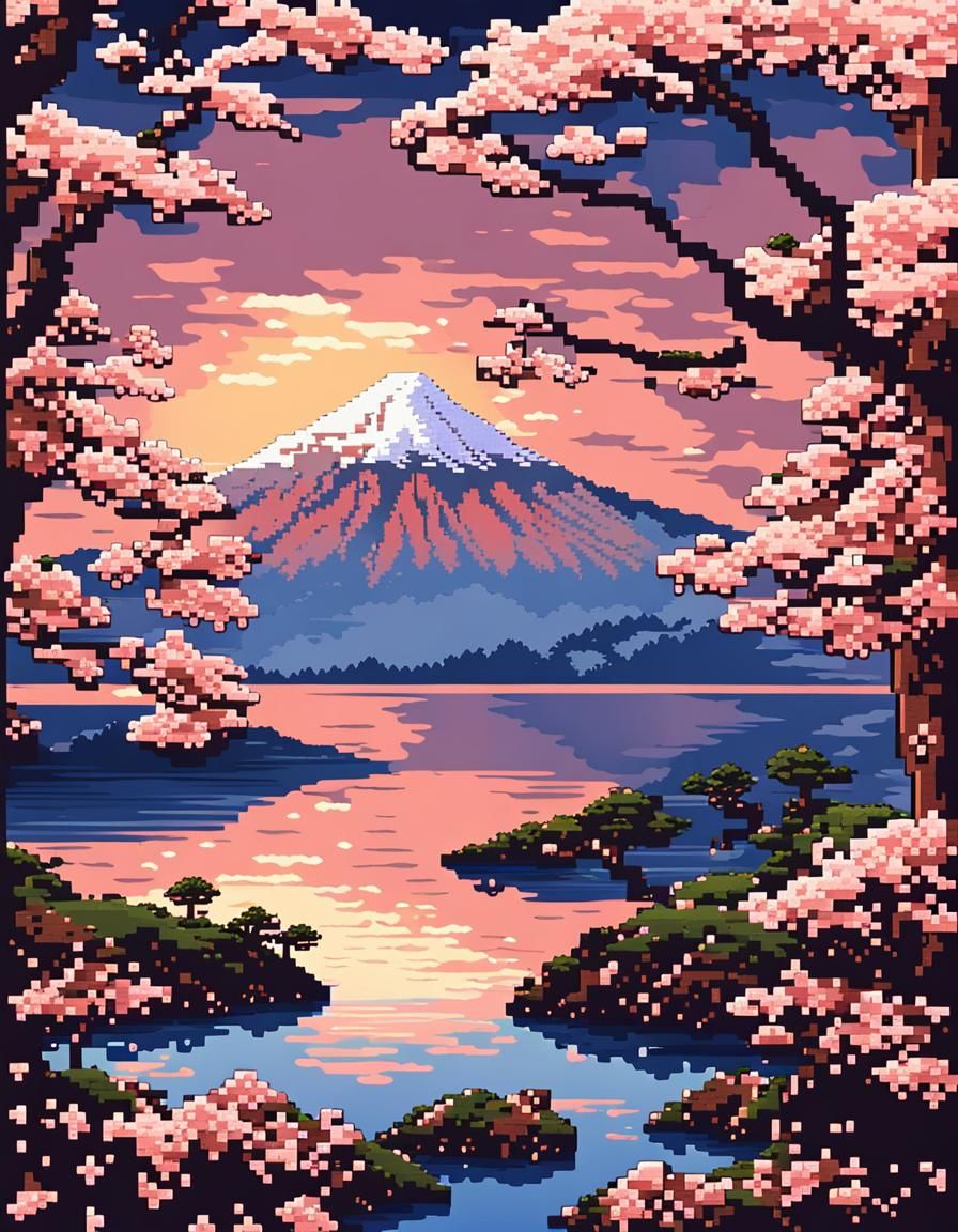 Pixel Art Japanese Landscape with Mount Fuji