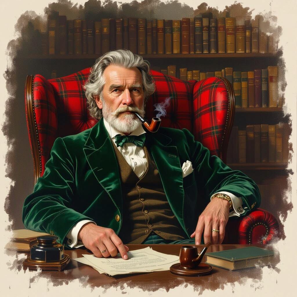Gentleman in Green Velvet Smoking Jacket in Red Tartan Chair