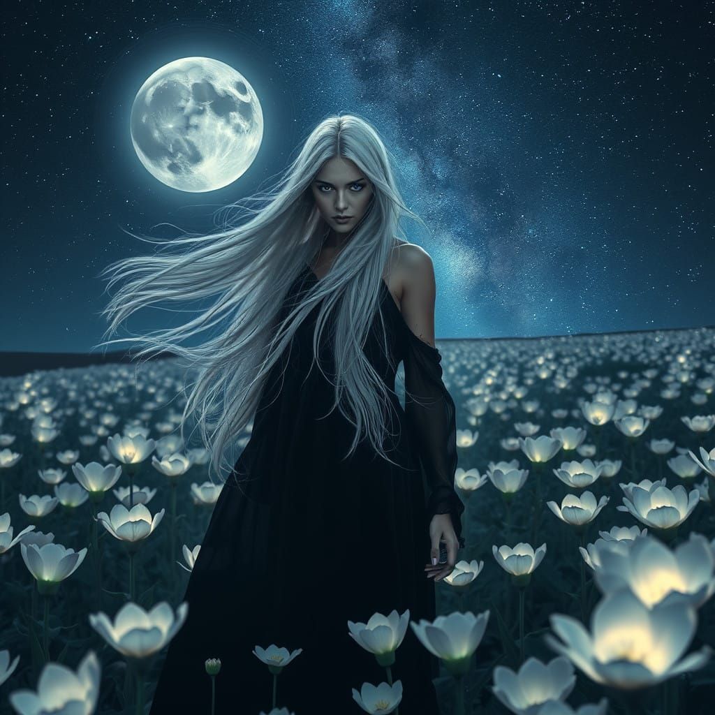 Ethereal Woman Stands Amidst Moonlit Blooming Flowers in a C...
