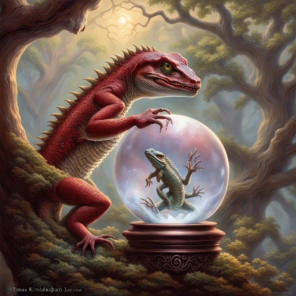 Red Scaled Lizardman Gazing into Crystal Ball