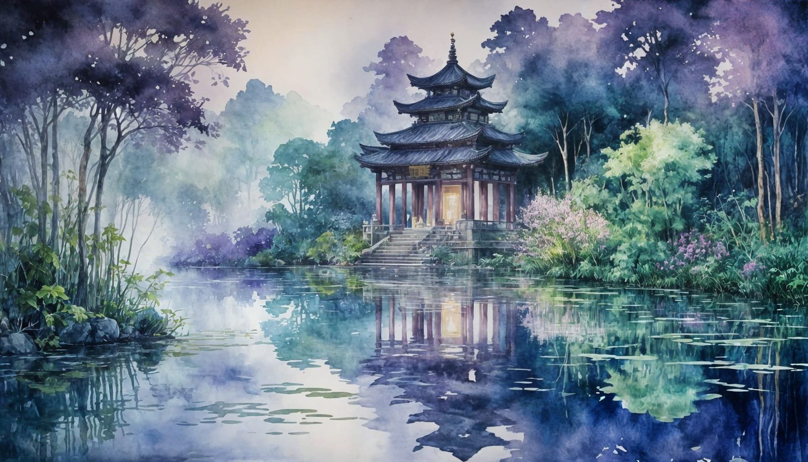 Shinto Temple on Lake Shore in Watercolour