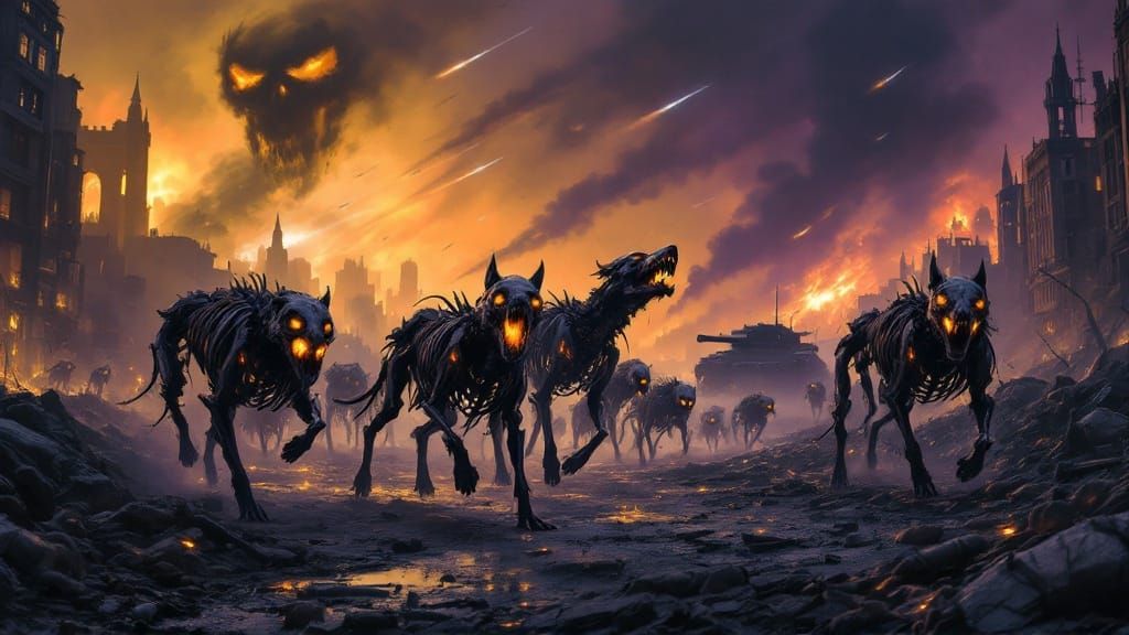 Skeletal War Dogs Roam Apocalypse Ruins in Dark Fantasy Art