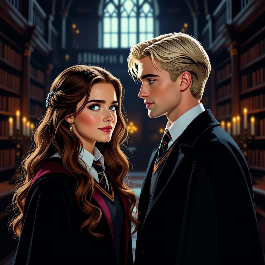 Hermione Granger and Draco Malfoy in Hogwarts Library