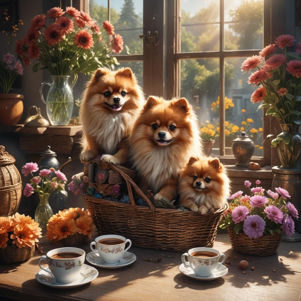 Pomeranians in Basket: Detailed Matte Painting