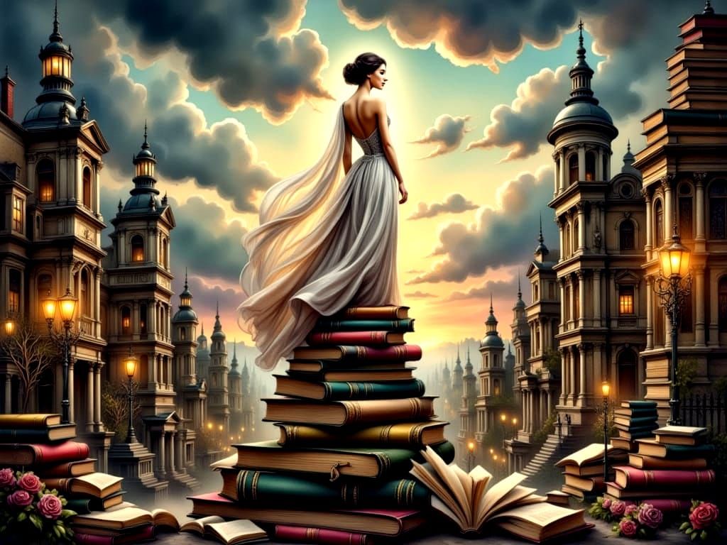 Majestic Woman in Book City, Surrealist Dreamscape