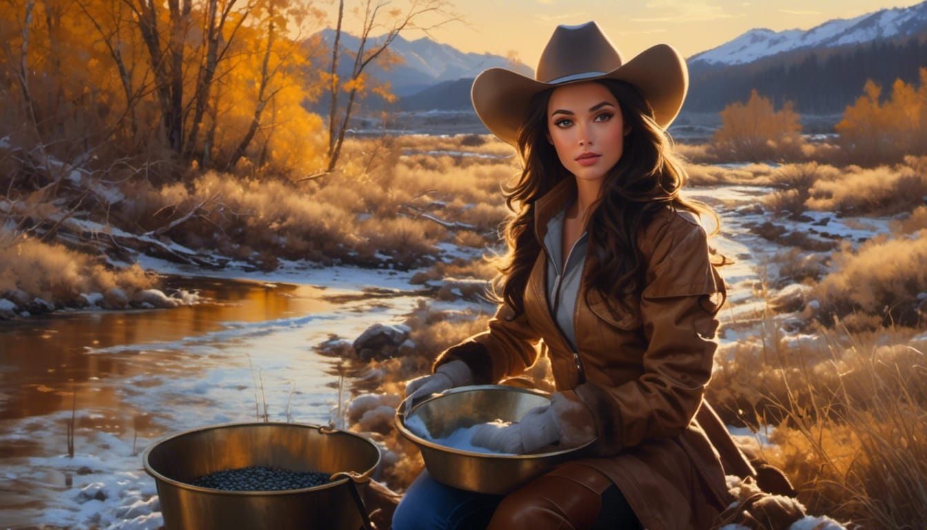 Brunette Cowgirl Gold Panning Oil Painting