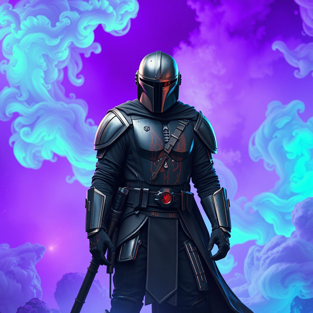 Armored Mandalorian Warrior in Fantasy Landscape