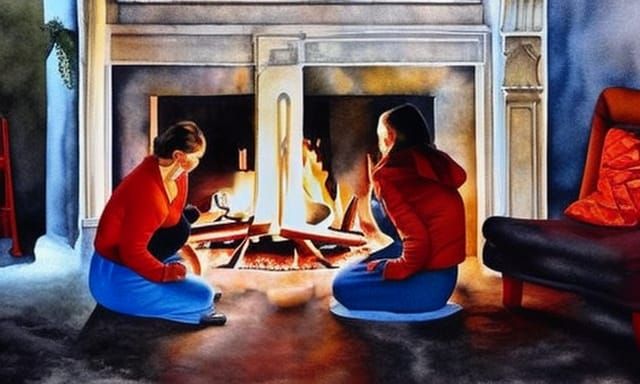 Christmas Fireplace Scene in Watercolor Style