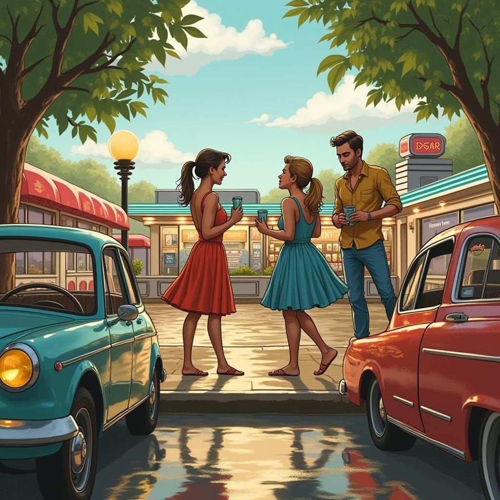 Foggy Night at a Retro American Diner with Classic Cars