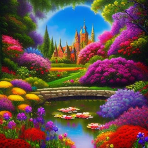 Fantasy Flowers and Castle in Mixed Media Style